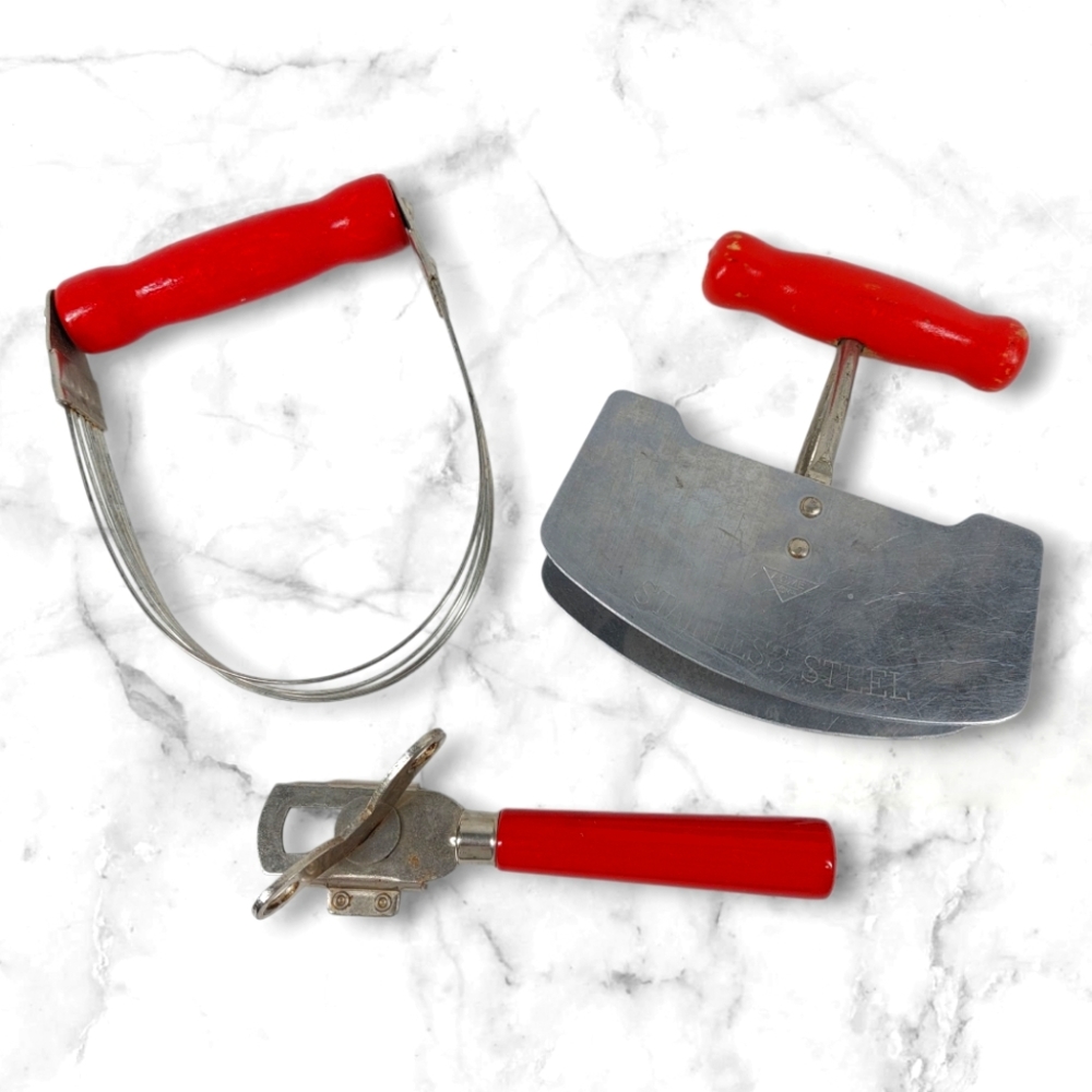 Vintage Red handle Kitchen Utensils Lot Of 3 Cooking Gadgets